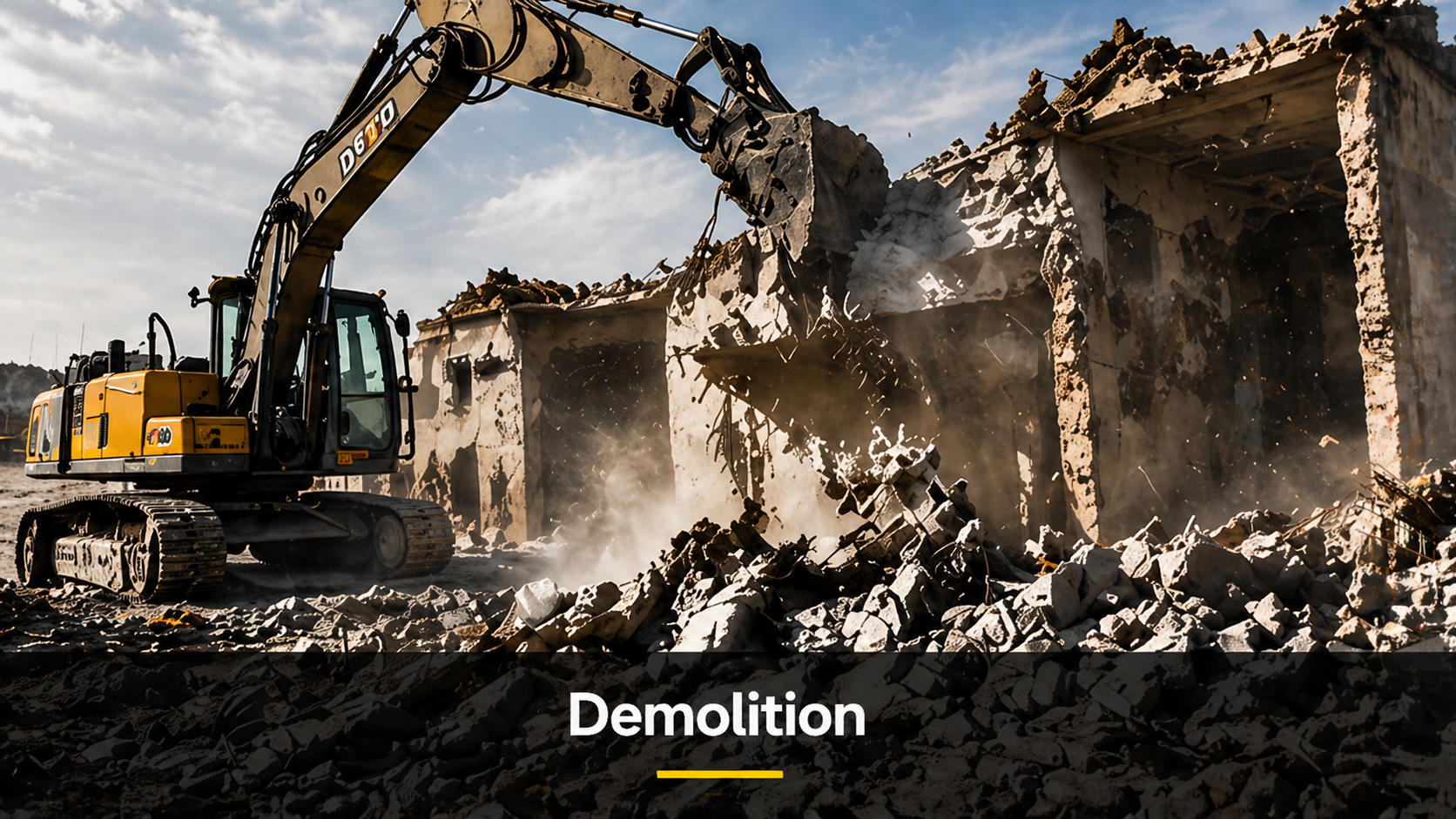 Construction excavator demolishing a building, with debris and dust, under a blue sky with clouds