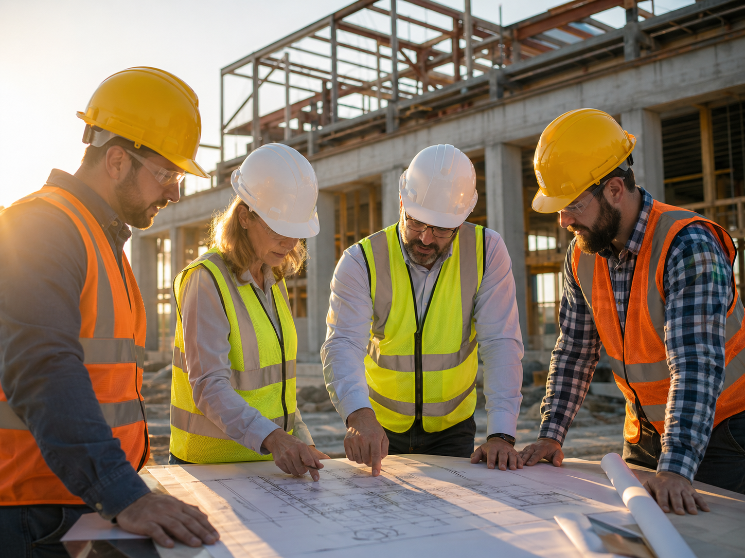 Group of construction workers wearing safety gear, including helmets and vests, gathered around blueprints at a construction site during sunset.
