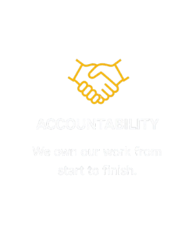 Illustration of a handshake above the word 'ACCOUNTABILITY' with the phrase 'We own our work from start to finish' underneath.