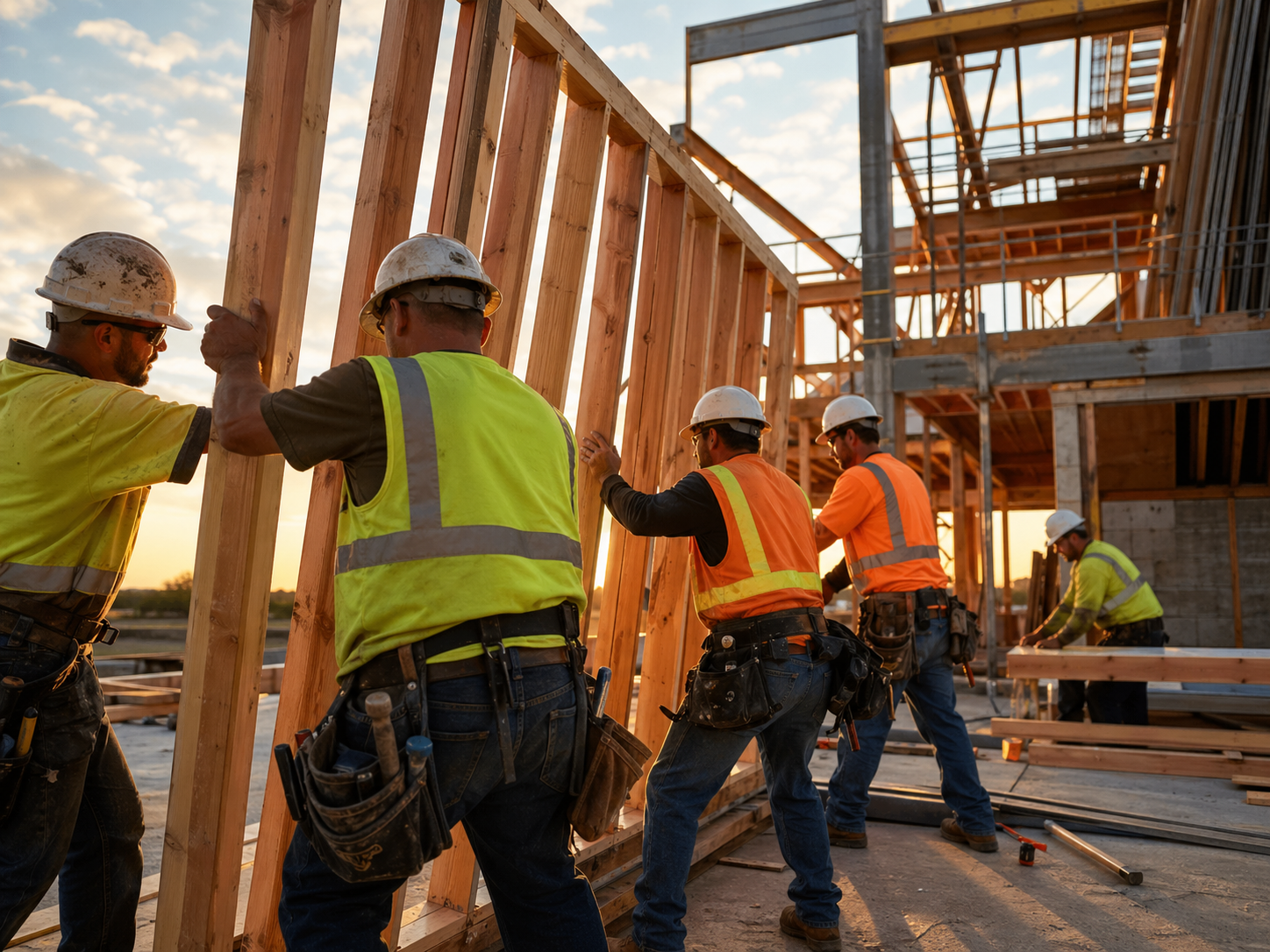 Construction workers wearing helmets and safety vests assembling a wooden framework for a building during sunset.