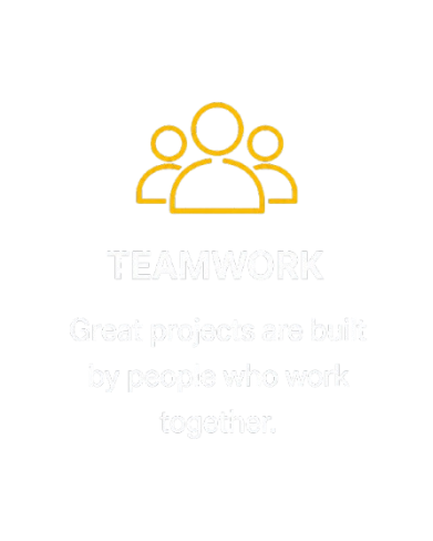 Icon of three people above the word 'TEAMWORK' and the phrase 'Great projects are built by people who work together' on a black background.