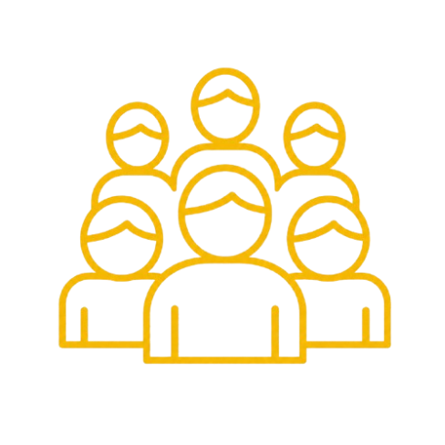 Icon of six gold outline people representing a group or team on a black background.