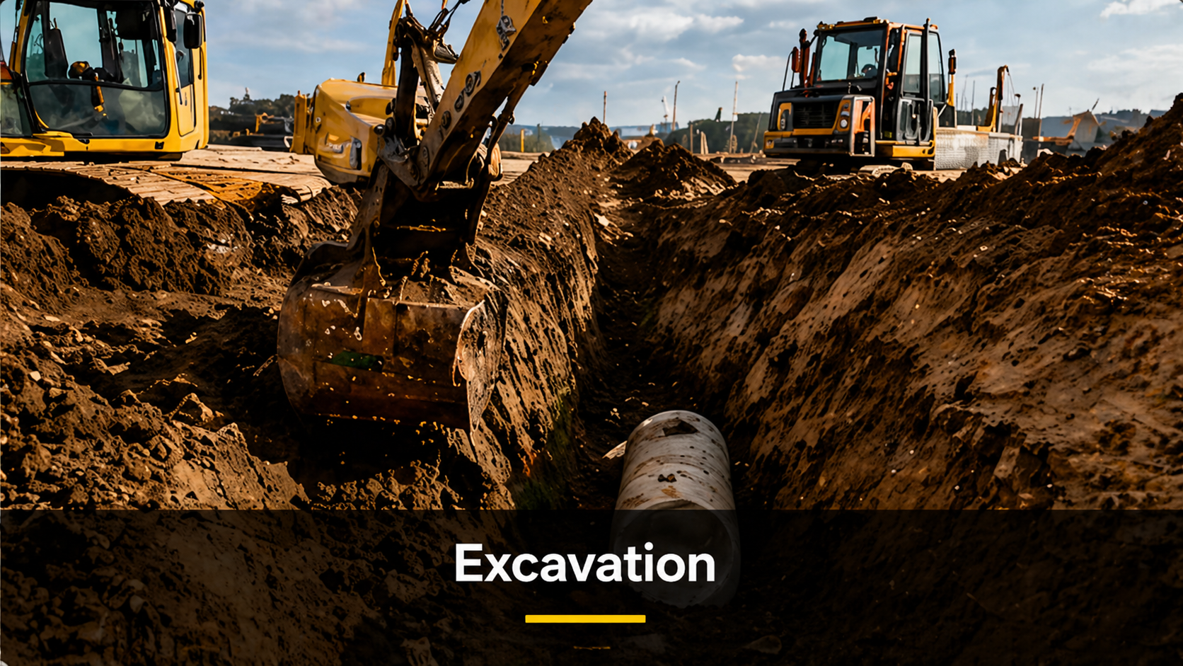 Construction site with excavator digging a trench and a pipeline being laid, heavy machinery in the background under a cloudy sky.