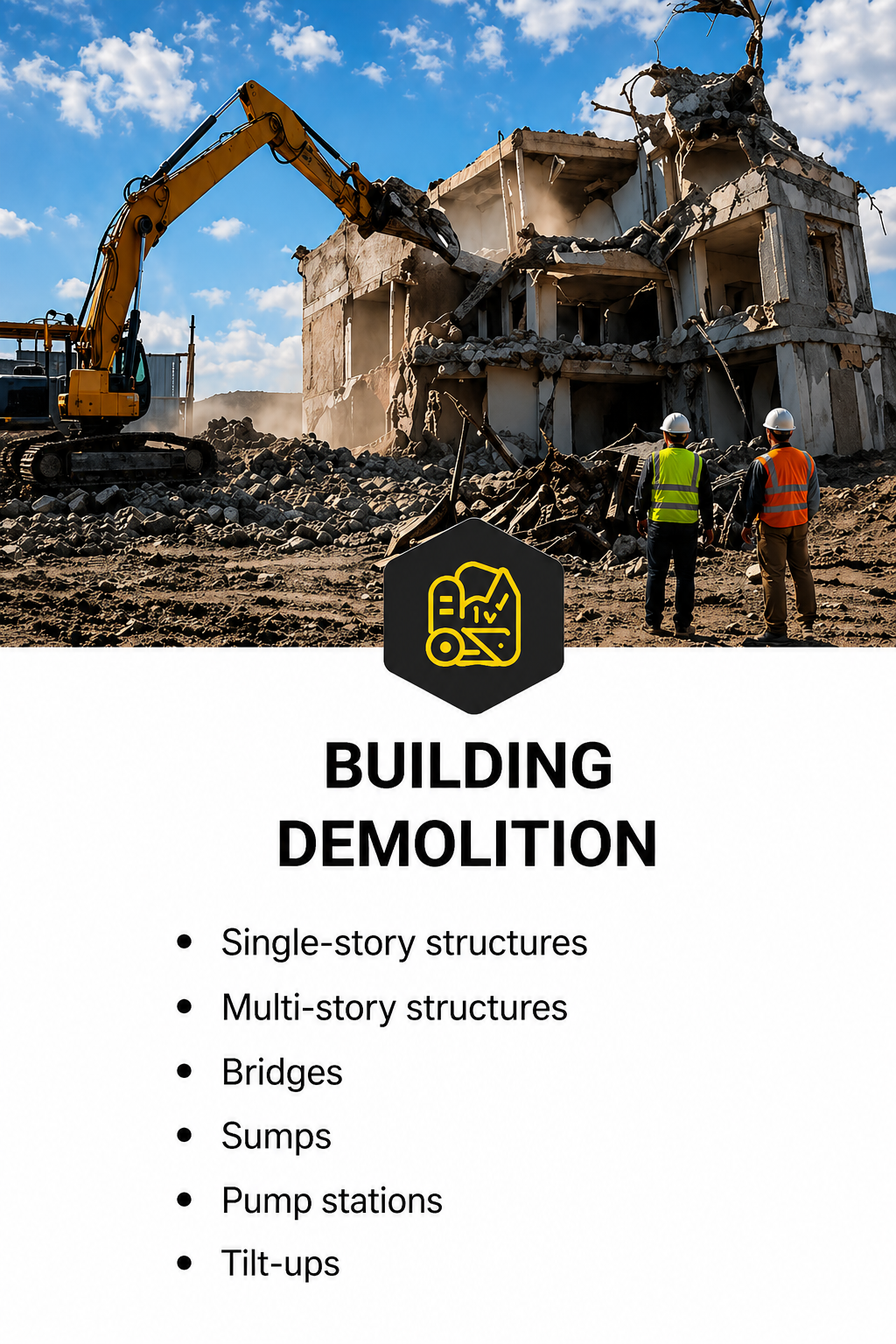 Construction site with a demolished building, excavator, construction workers wearing helmets and safety vests, under a blue sky with clouds.