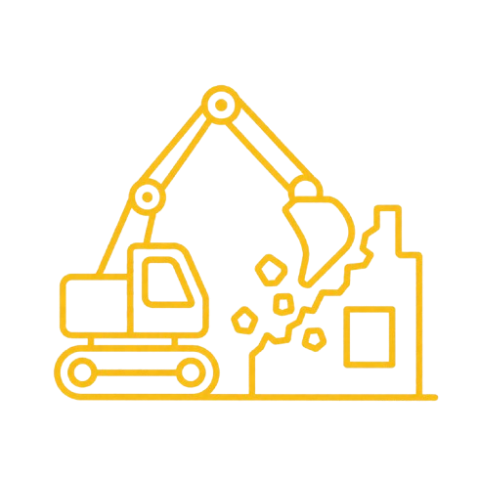 Construction excavator breaking down a wall or building.