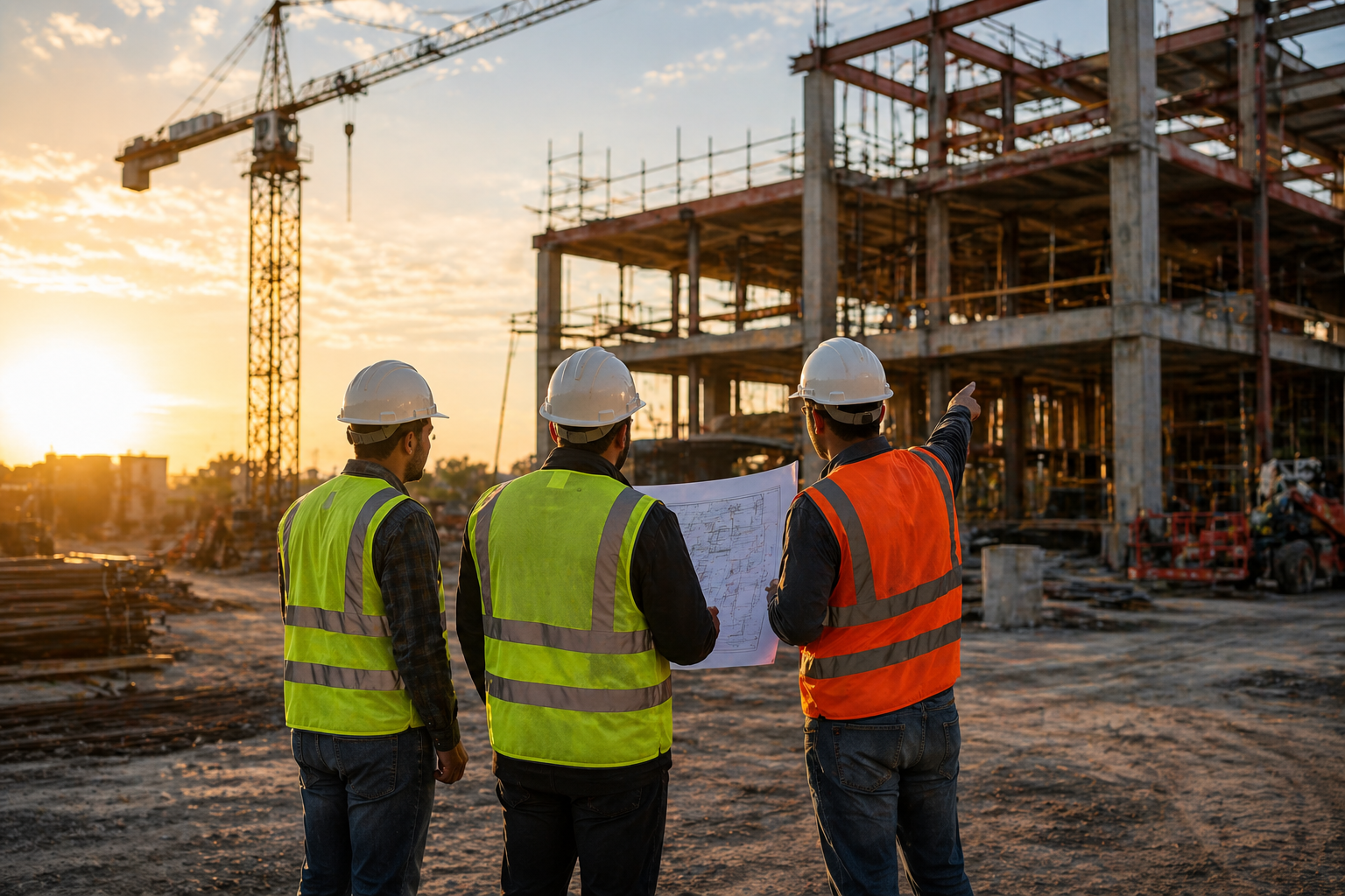 Three construction workers wearing helmets and safety vests discussing plans at a construction site during sunset, with a building framework and crane in the background.
