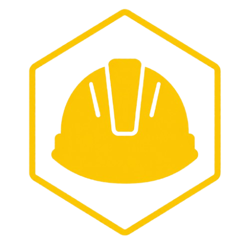 Yellow safety helmet icon inside a hexagonal outline on a black background.