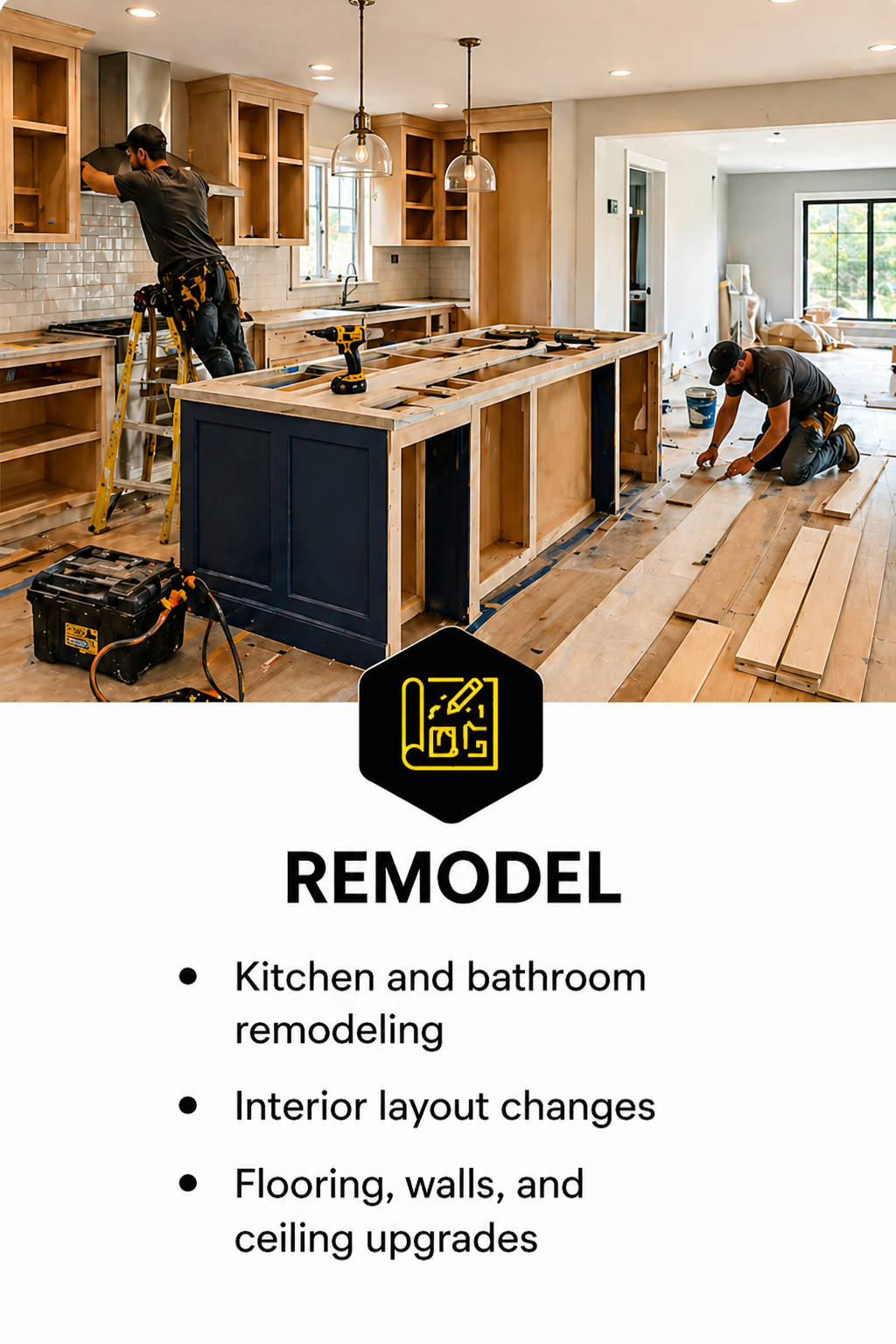 Two workers installing hardwood flooring in a kitchen area under renovation. One is standing on a ladder working on upper cabinets, while the other is kneeling on the floor laying down planks. The kitchen features wooden cabinets, a central island, and natural light from windows.