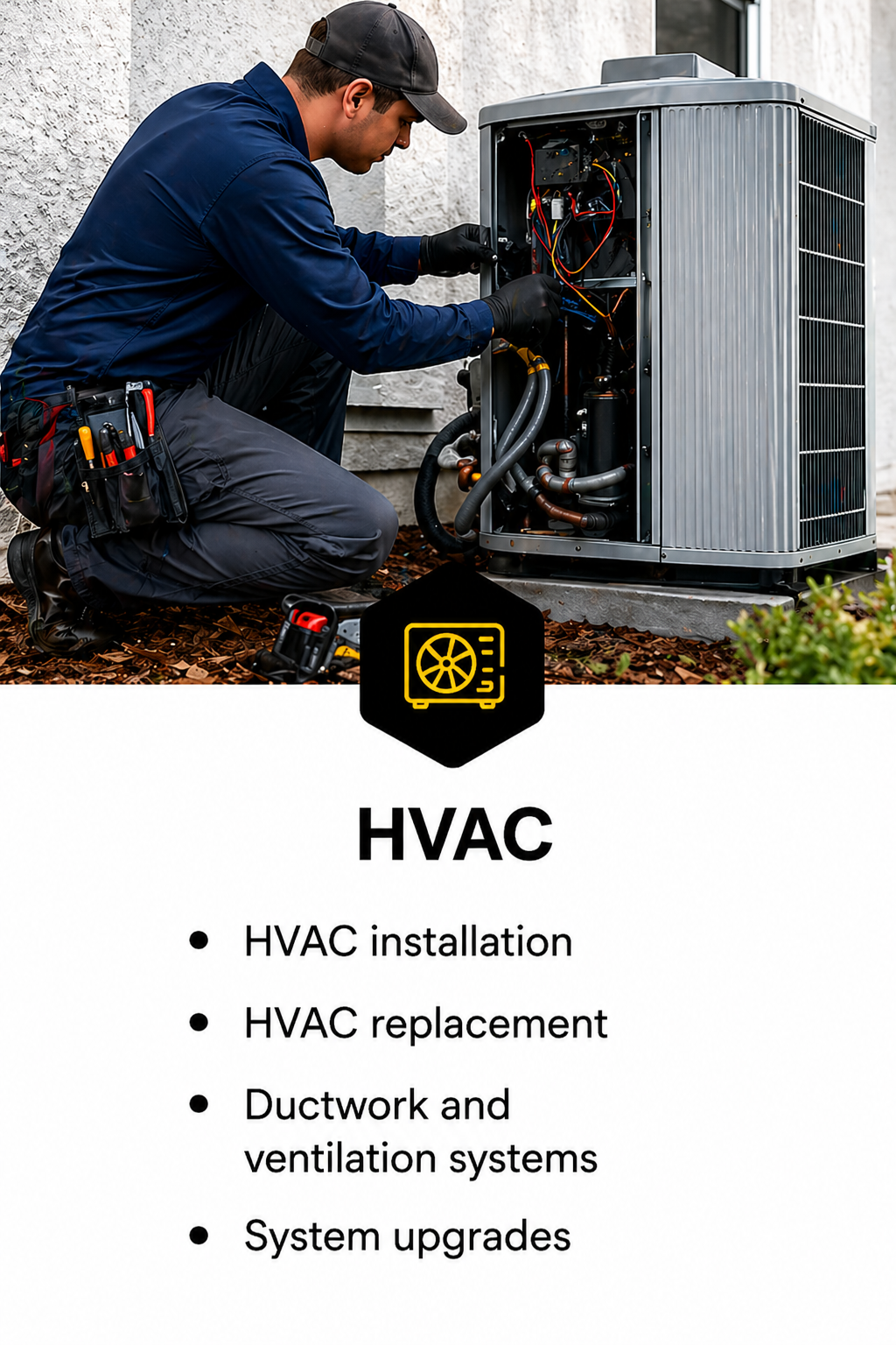 A technician wearing a dark blue uniform, kneeling outside next to an open HVAC unit, working on the internal components with tools nearby.