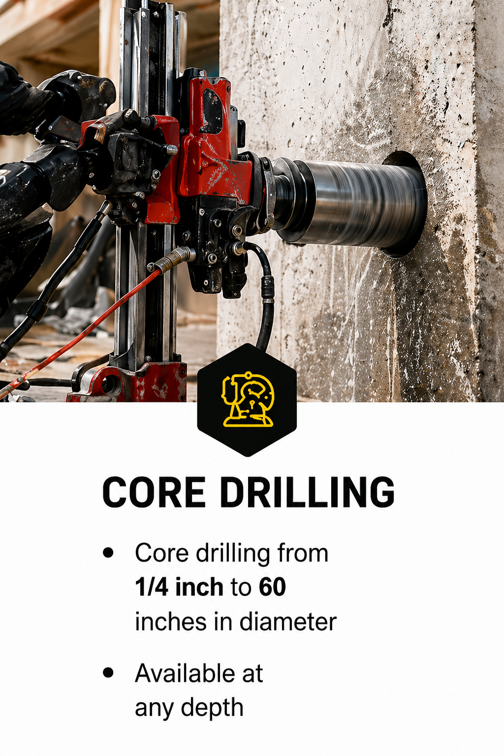 A core drilling machine creating a circular hole in a concrete wall.