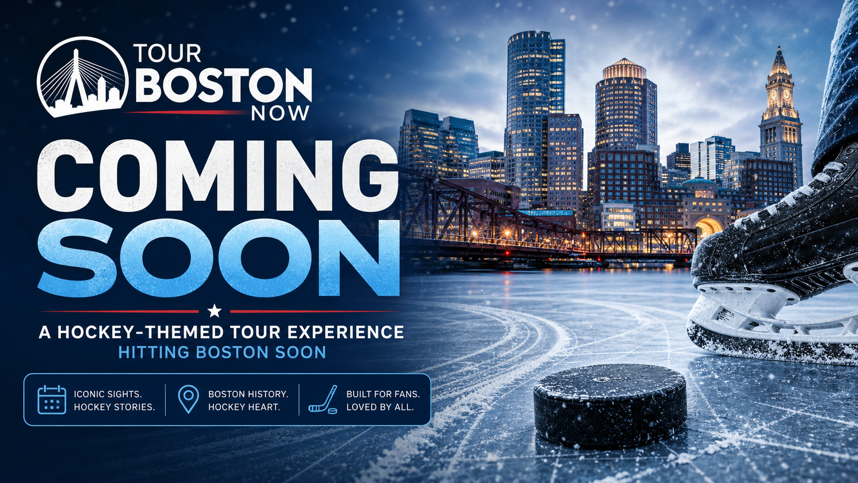 A promotional poster for a hockey-themed tour of Boston, featuring a city skyline at dusk, a bridge over water, and an ice hockey skate and puck on an ice rink in the foreground.