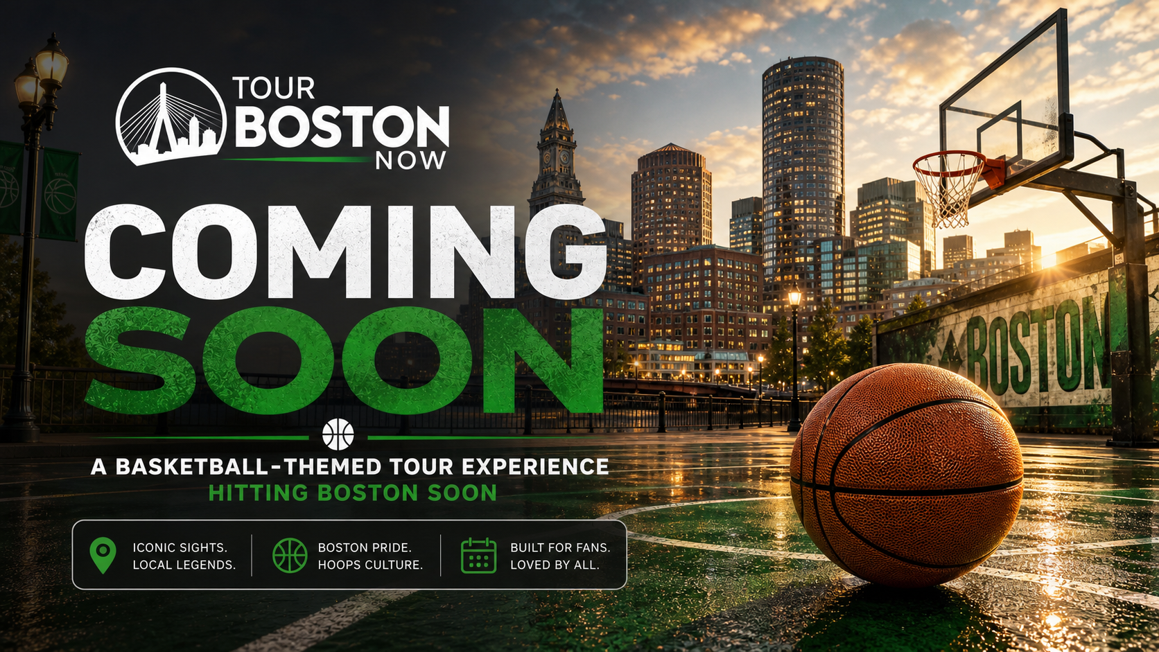 A basketball court with a basketball on the ground, set against a city skyline at sunset in Boston. Text overlay announces an upcoming basketball-themed tour experience in Boston.