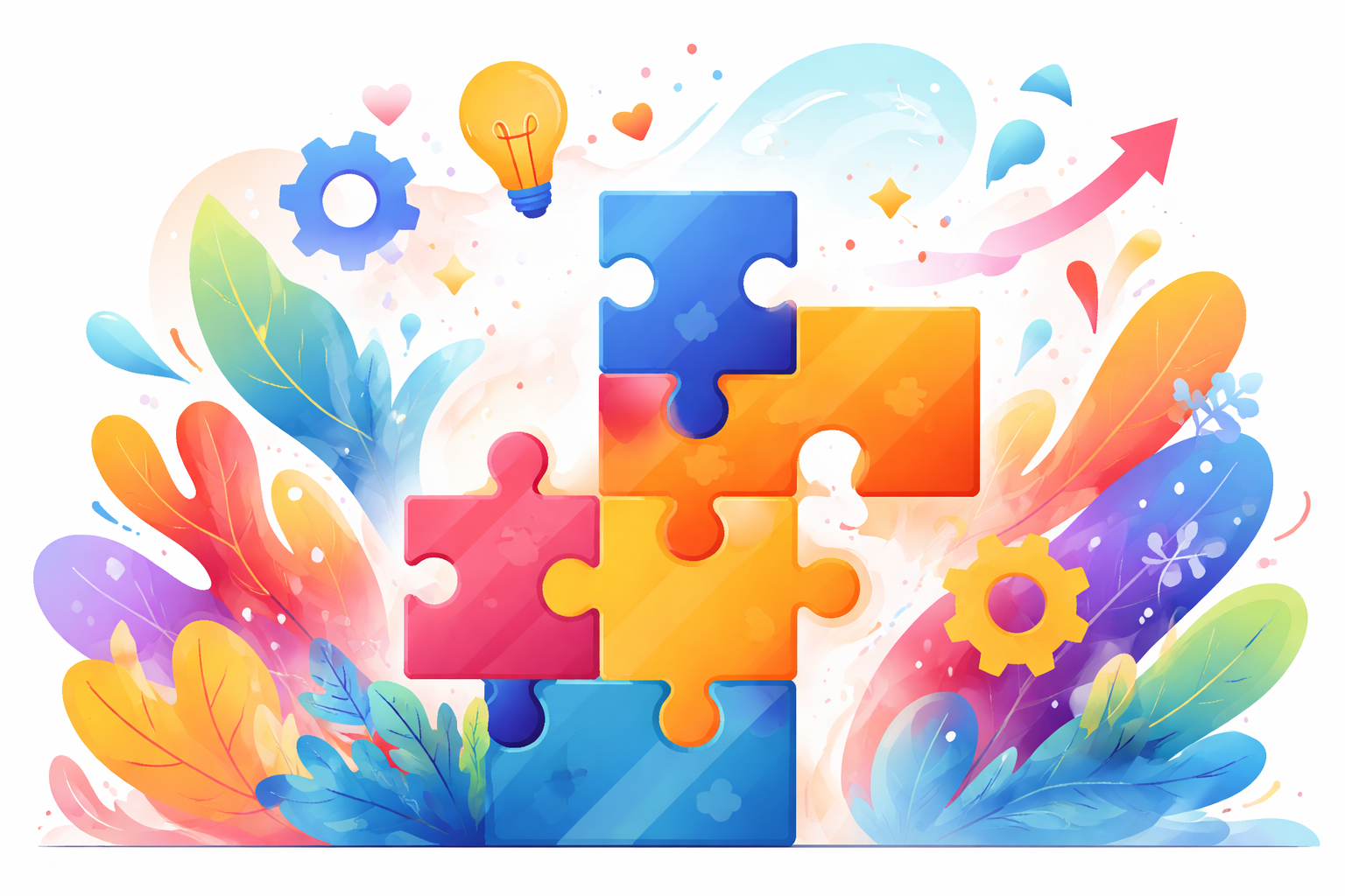Colorful illustration of four interconnected puzzle pieces in blue, pink, yellow, and orange, surrounded by vibrant leaves, gears, a light bulb, and upward arrow, symbolizing creativity, teamwork, and growth.