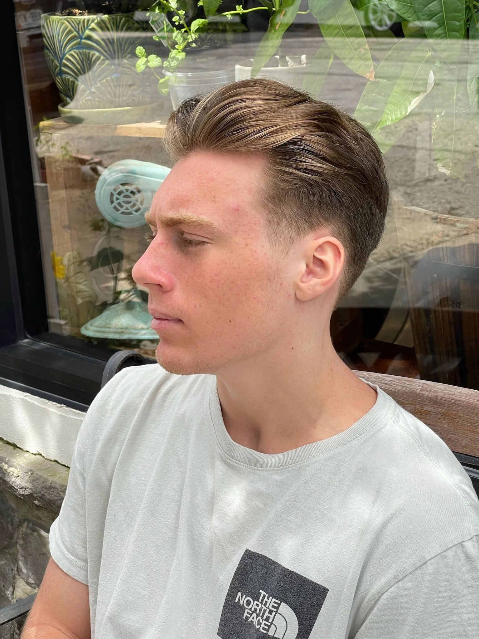 A young man with styled brown hair and light skin wearing a light grey North Face t-shirt, sitting outdoors near a window with green plants and potted plants visible behind him.