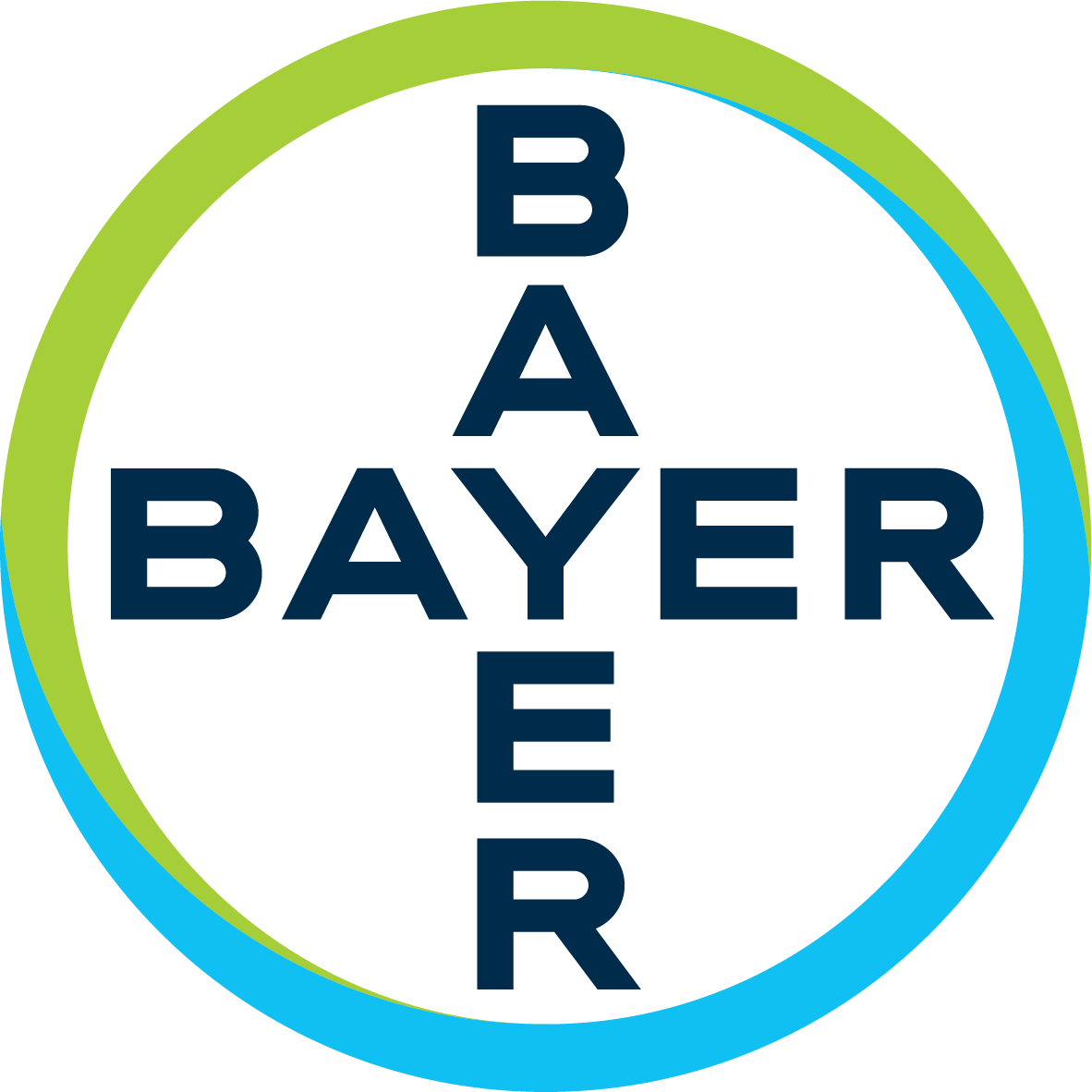 Bayer logo with the words 'Bayer' written vertically and horizontally inside a circle outlined in green and blue.