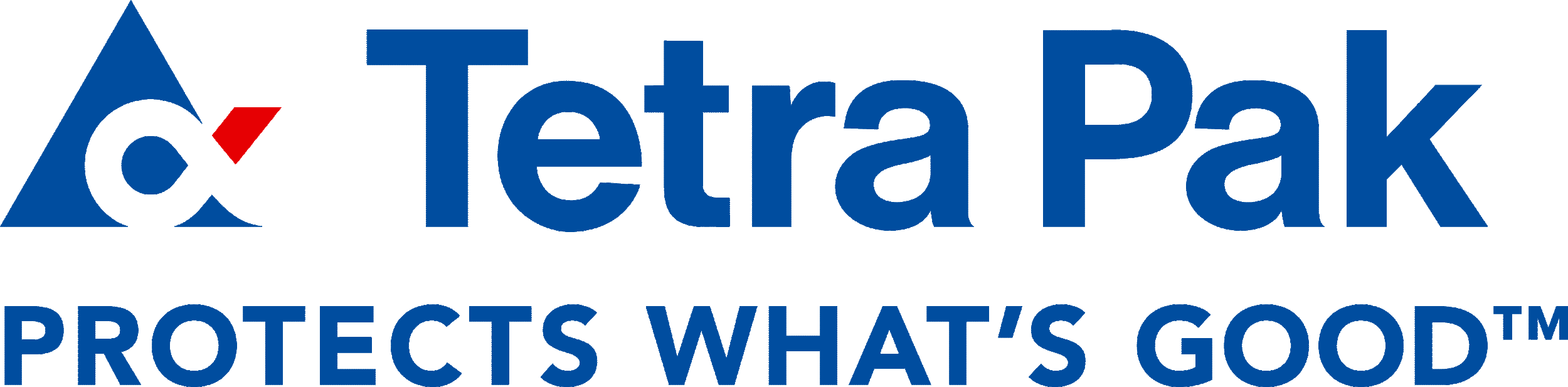 Tetra Pak logo with a blue triangle, red check mark, and blue text reading "Tetra Pak" and a tagline "PROTECTS WHAT'S GOOD" in blue.