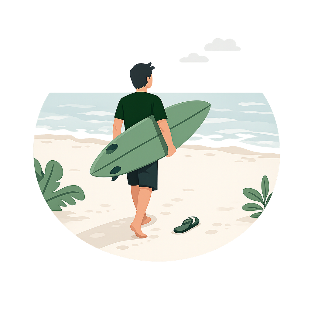 Mann mit Surfbretter am Strand, blickt auf das Meer, Sand, Pflanzen und Wolken am Himmel.
