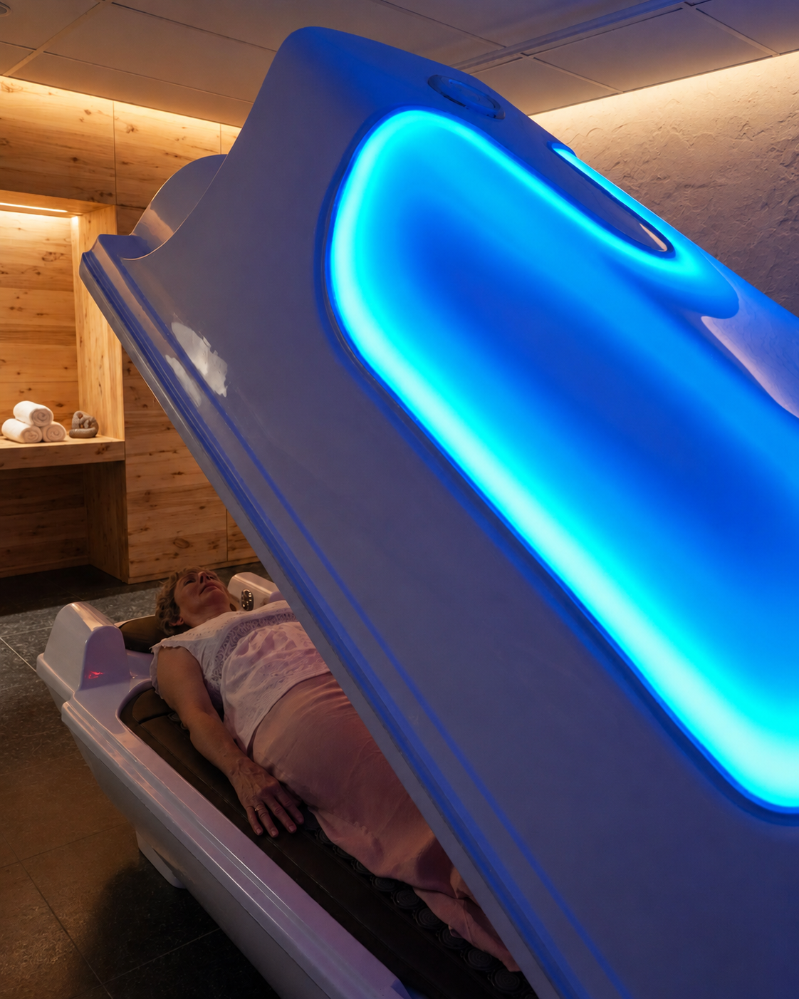 Woman lying in Soulibrium Wollongong infrared sauna pod under vivid blue LED lighting in a timber-panelled wellness room