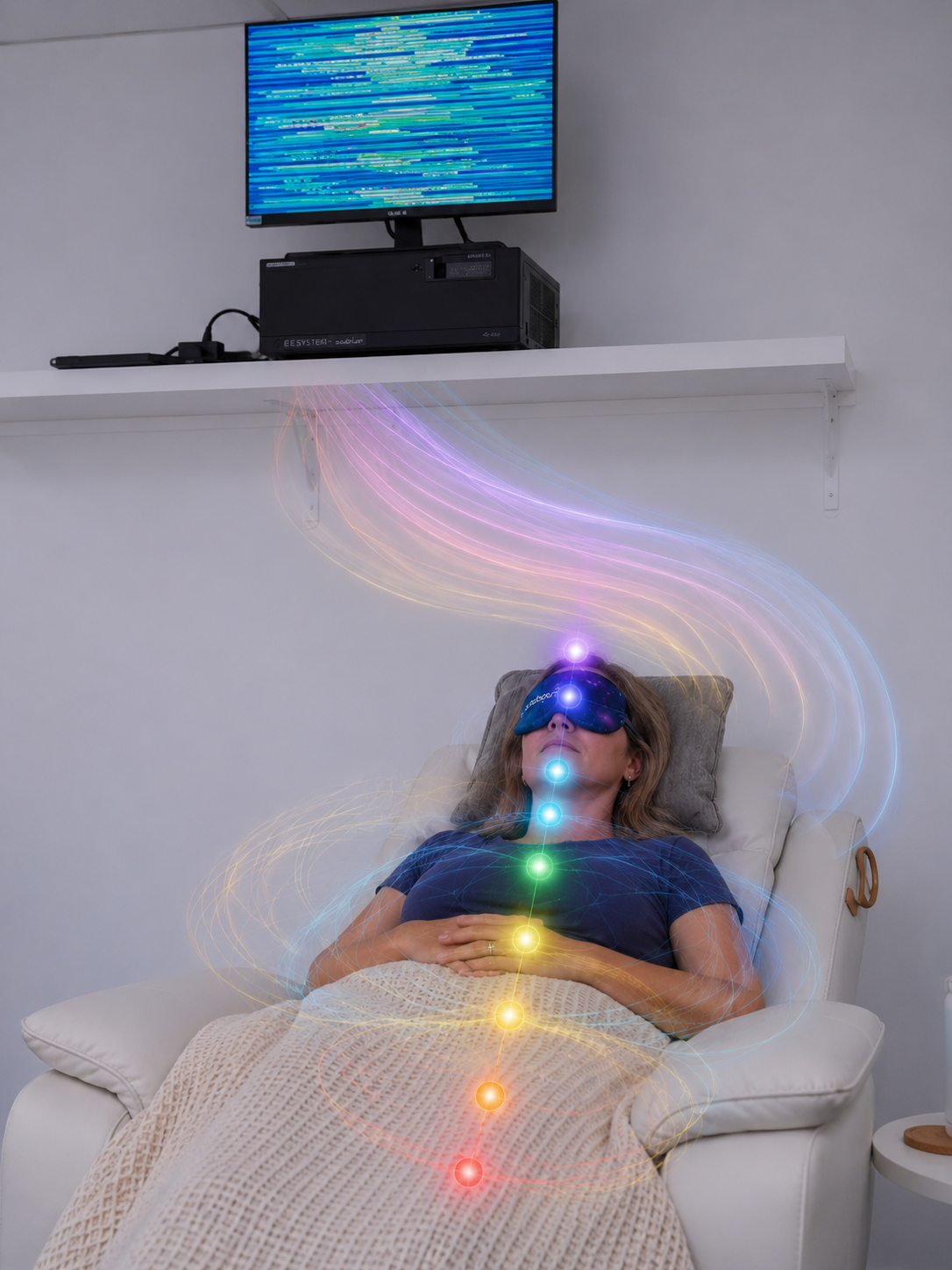 Woman lying on a recliner in the Scalar Room at Soulibrium Wellness Centre in Wollongong. The Energy Enhancement System is on a shelf above her.