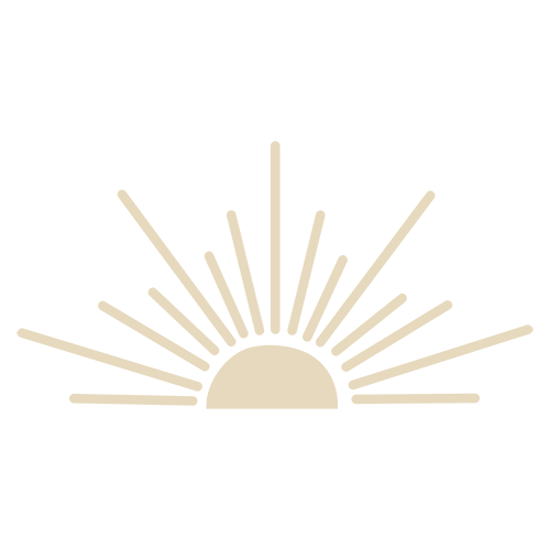 Stylized sun with rays rising above a horizon on a black background.