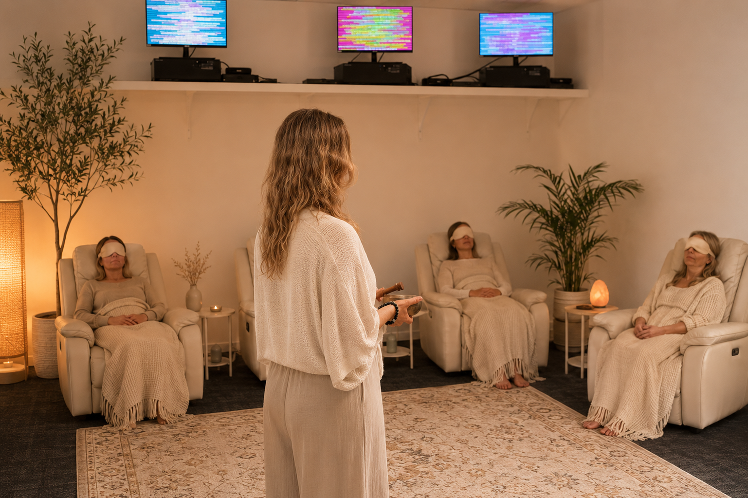 Four women sitting in recliners with blindfolds in a room with soft lighting, plants, and electronic screens on the wall, participating in a relaxation sound bath meditation session at Soulibrium Wellness Centre.