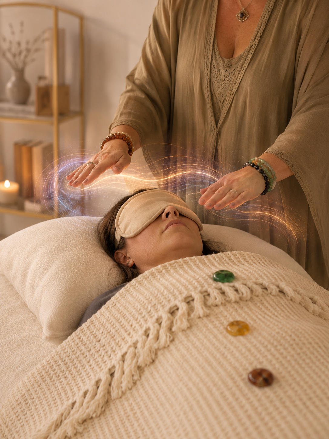 Reiki practitioner channelling purple and orange energy swirls over client with chakra crystals during a Soulibrium energy healing session