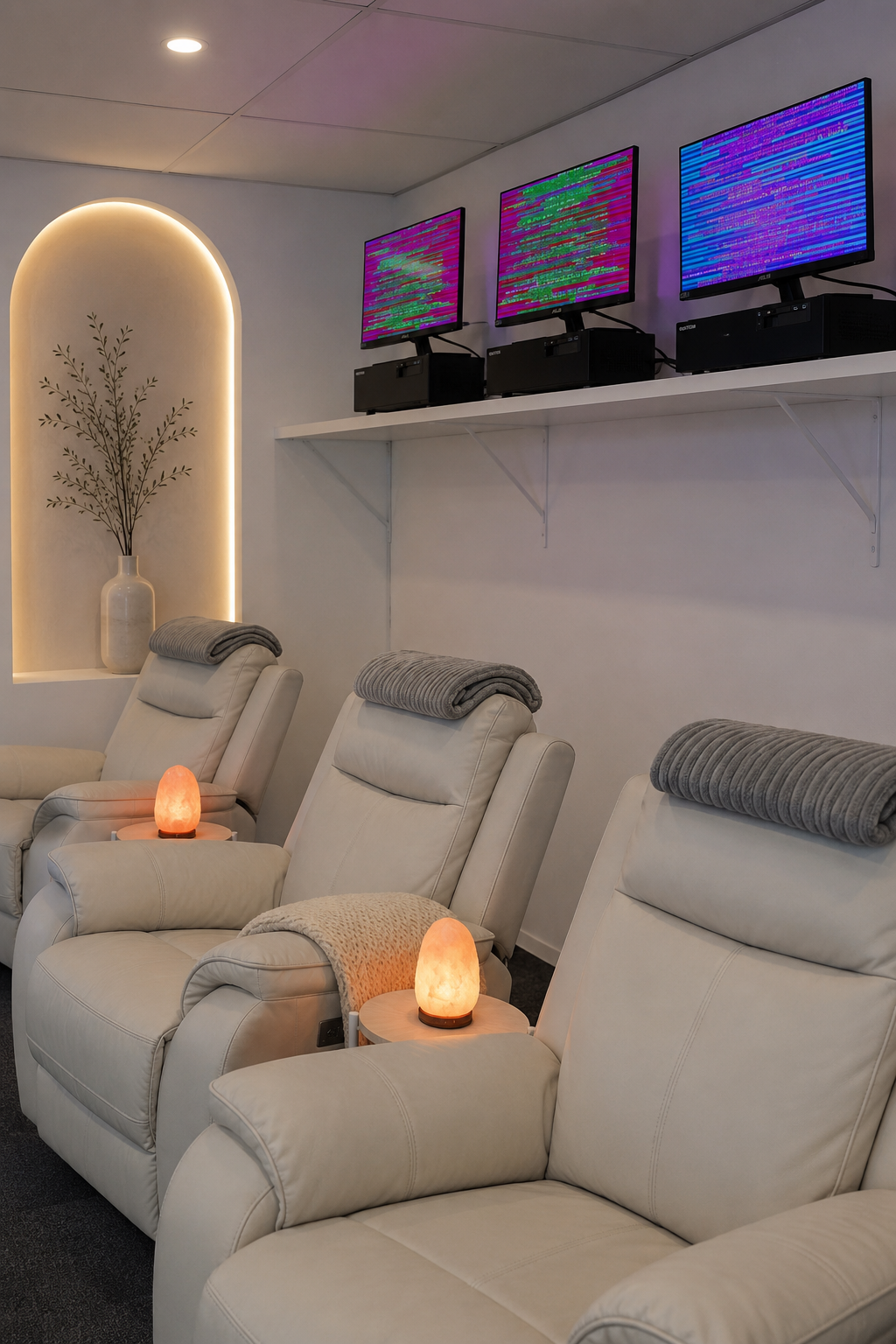 Three white leather recliners in a row inside The Scalar Room at Soulibrium with himalayan salt lamps on side tables and monitors on the wall