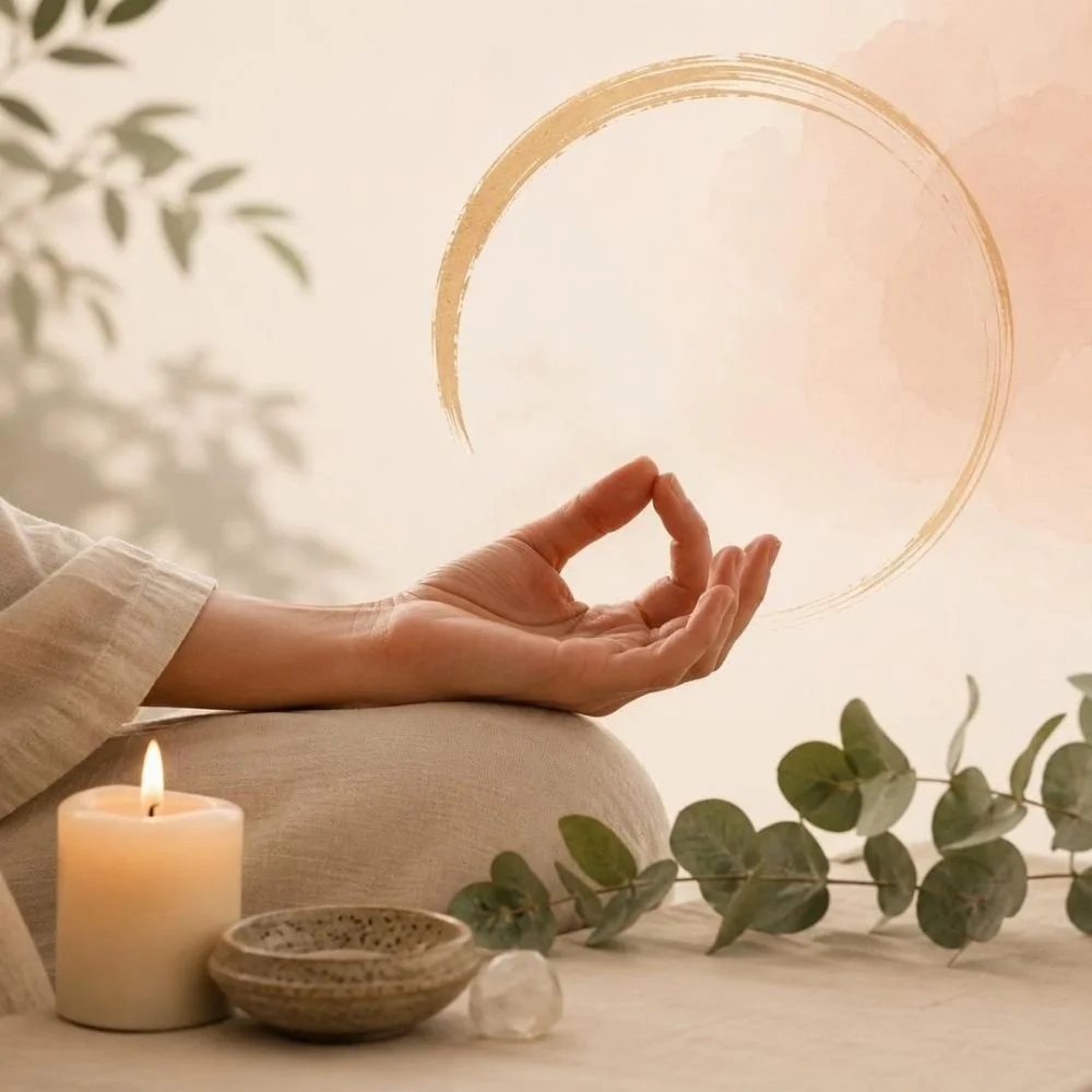 woman sitting cross legged in guided meditation class alongside a candle
