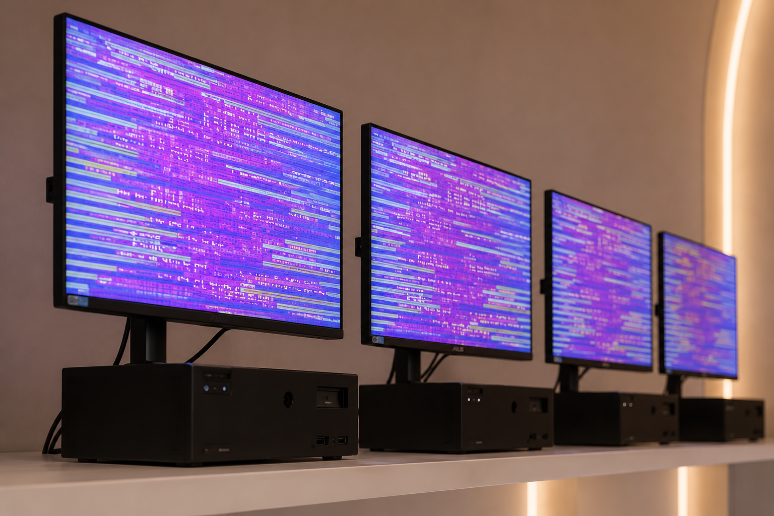 Four EE-System monitors on a white table displaying colourful digital code, connected to black desktop computers.