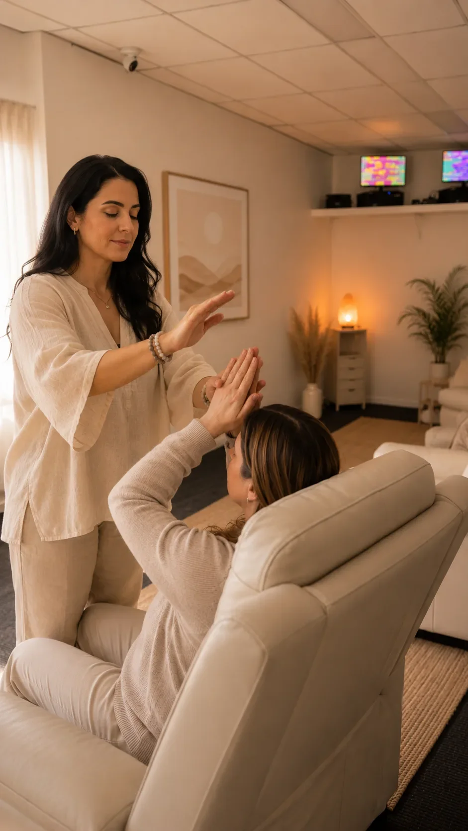 Two women practising standing reiki energy exchange in the Soulibrium wellness room with salt lamp glow