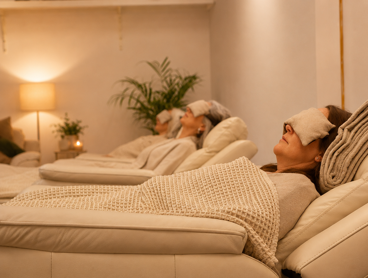 Three women relaxing on massage chairs in a spa, with towel-covered bodies and using eye masks, in a softly lit room with plants and a lamp.