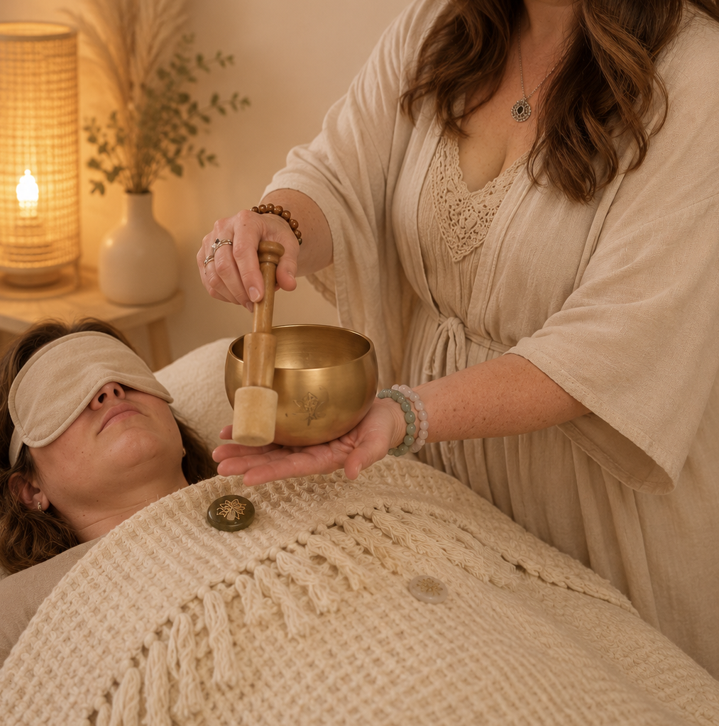 A woman with a blindfold on is lying on a massage table while another woman, dressed in beige, is holding a singing bowl and a mallet during a sound healing session in a cozy, softly lit room.