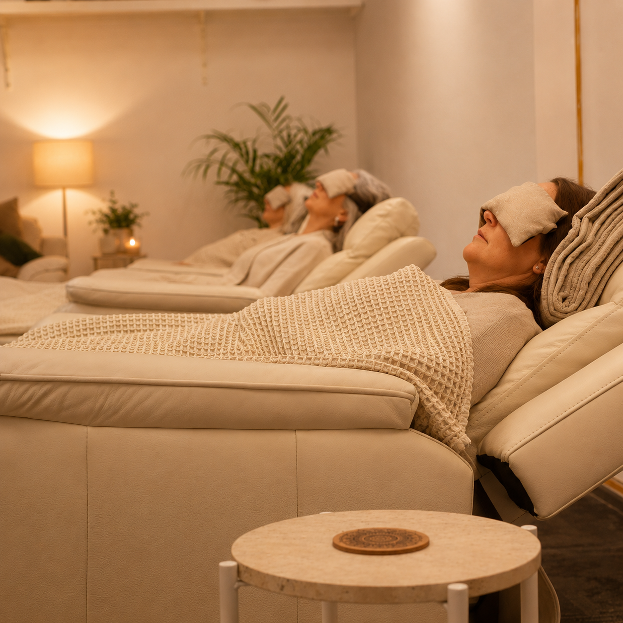 Three white leather recliners in a row inside The Scalar Room at Soulibrium with himalayan salt lamps on side tables and monitors on the wall