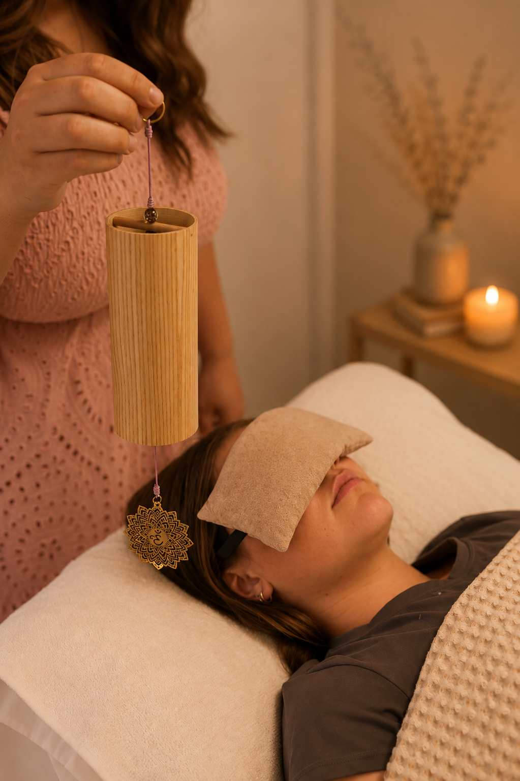Soulibrium sound healing practitioner holding a cylindrical chime and crystal pendulum above a client lying with an eye mask in a candlelit room