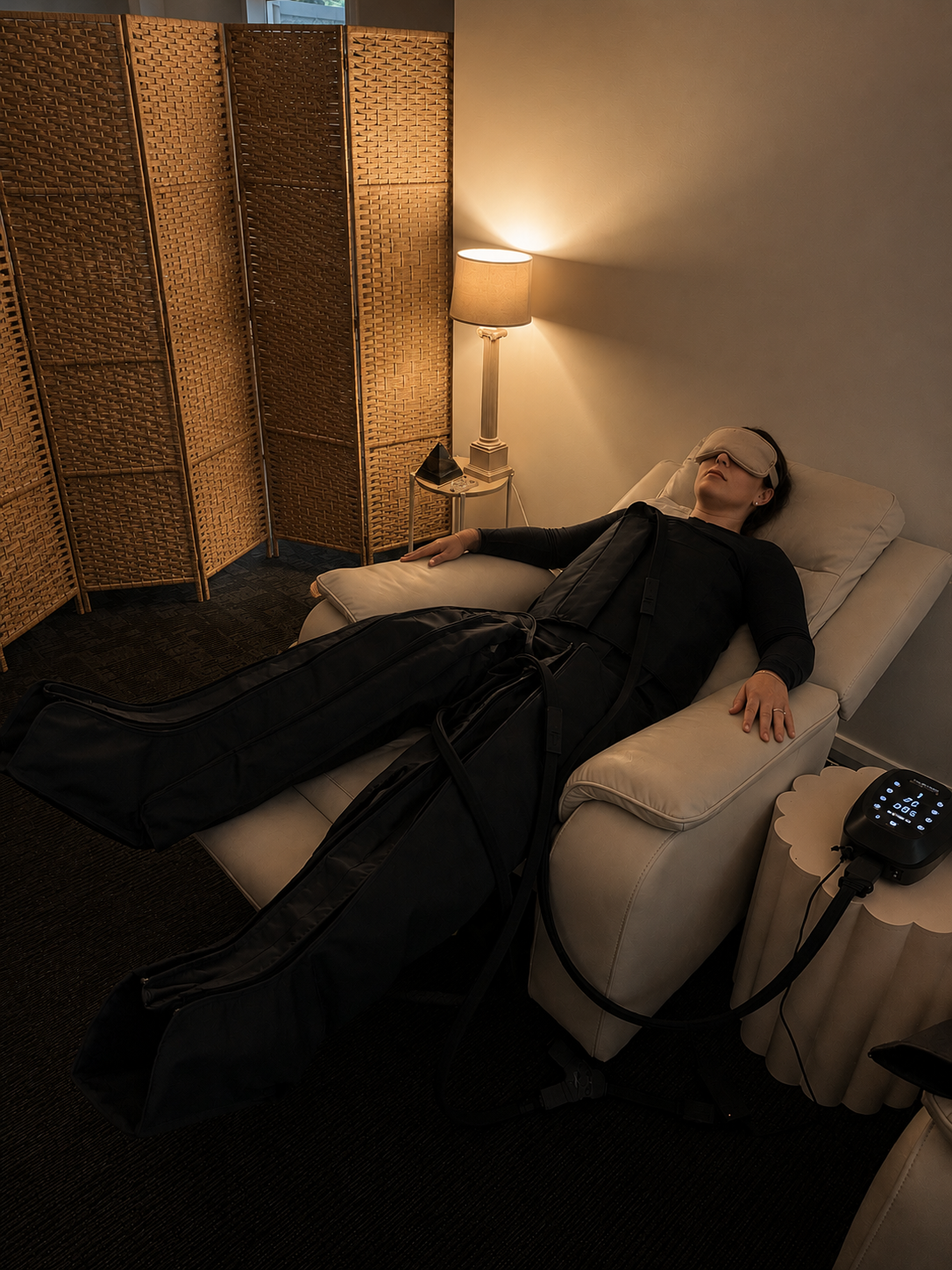 Person reclining in white chair wearing black lymphatic compression suit and eye mask during a Soulibrium solo session
