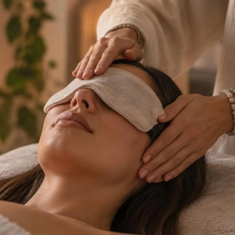 A woman performing Reiki energy healing in the scalar room at Soulibrium Wellness Centre in Shell Cove