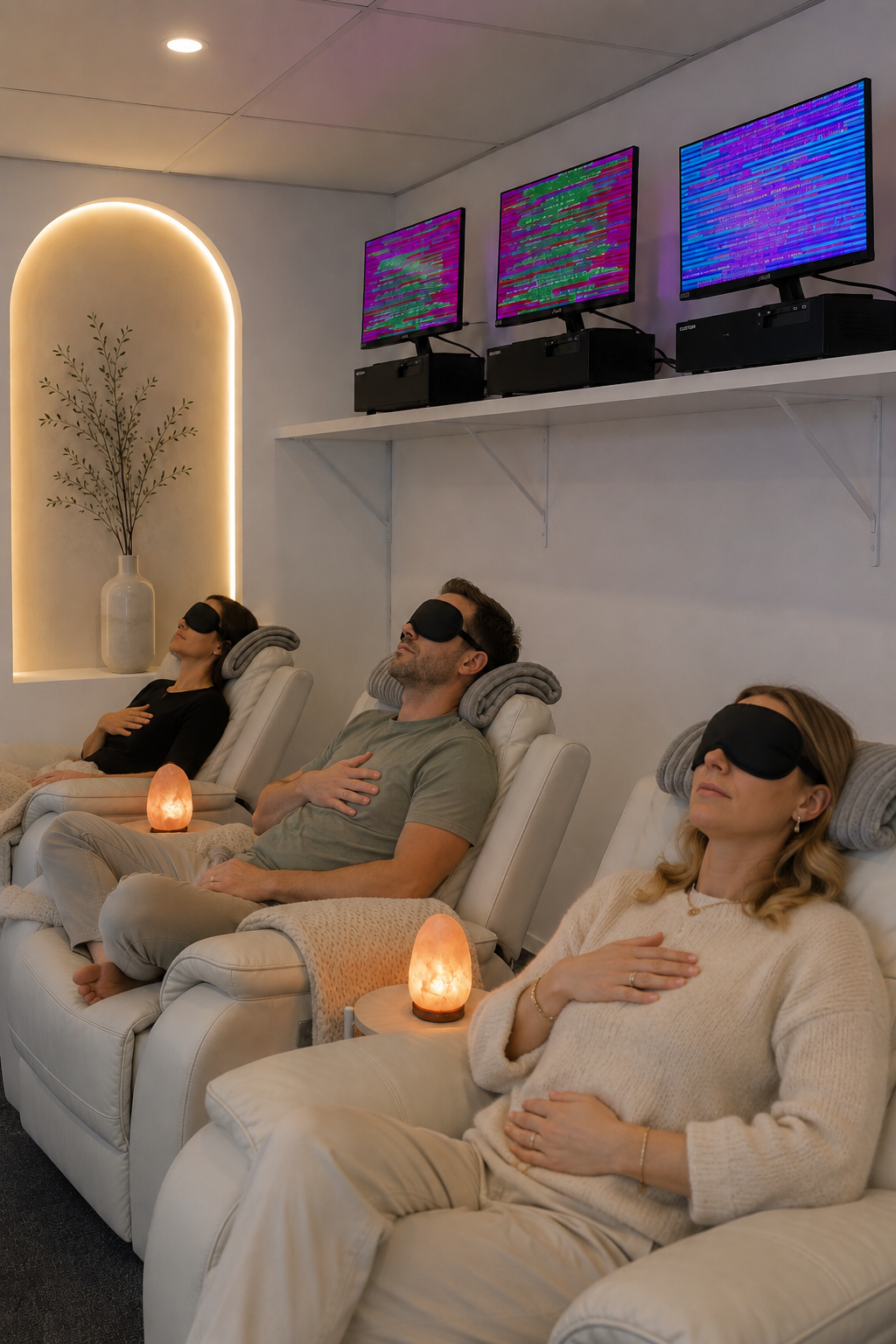 Three people reclining in white chairs with eye masks and hands on chests during a Soulibrium group breathwork session in the Soulibrium Scalar Room