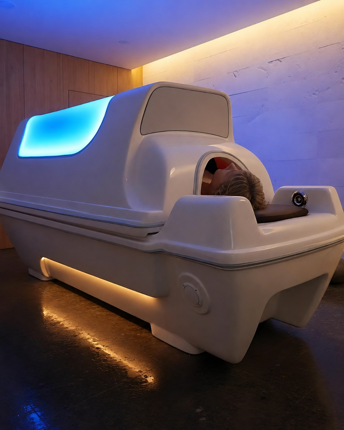 Person inside Soulibrium Wollongong infrared sauna pod in a dark moody wellness room with warm amber under-glow lighting