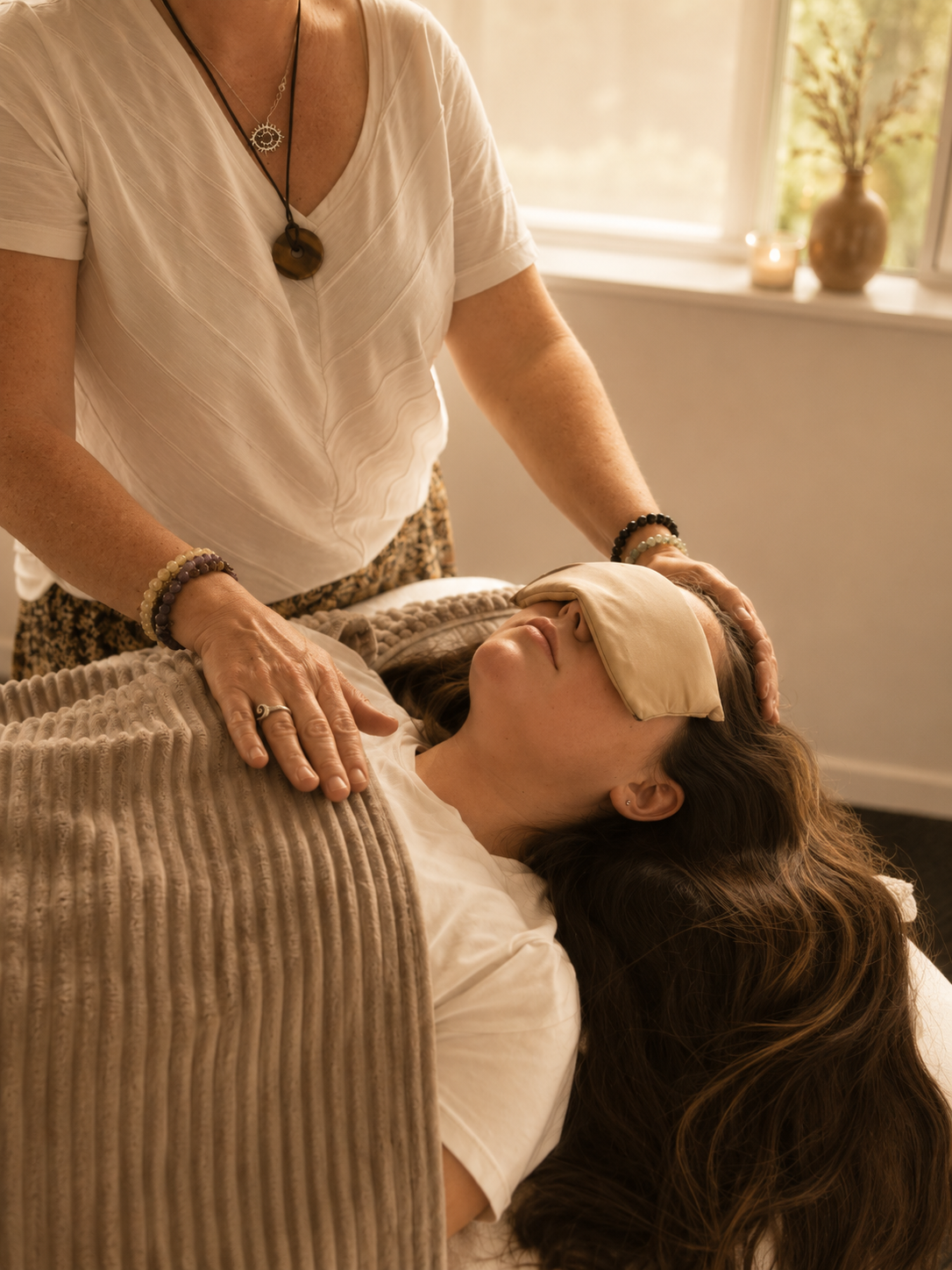 Reiki practitioner placing hands gently either side of client's head during a Soulibrium healing session in natural window light