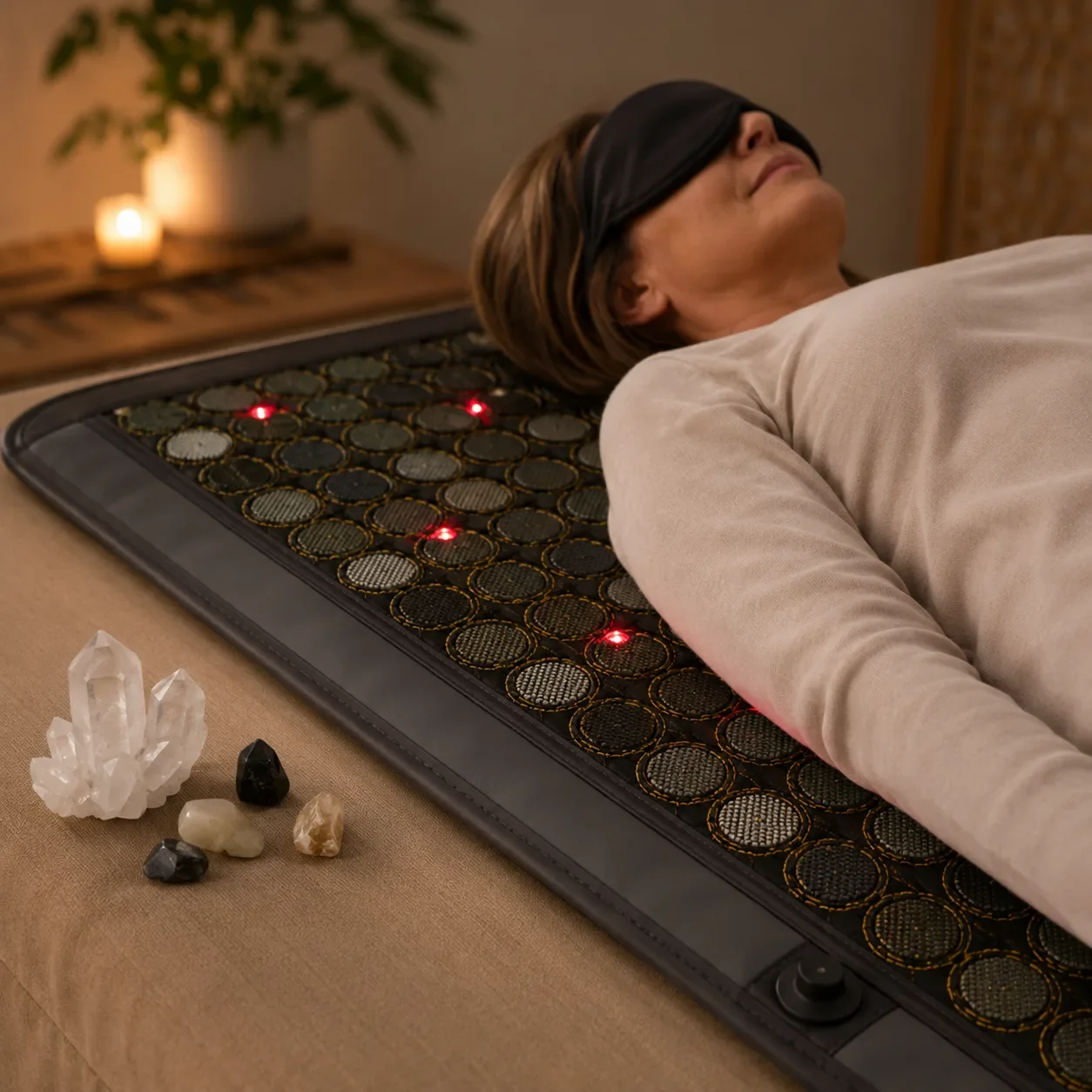 Woman wearing eye mask resting on Soulibrium PEMF mat with crystals and candles beside her
