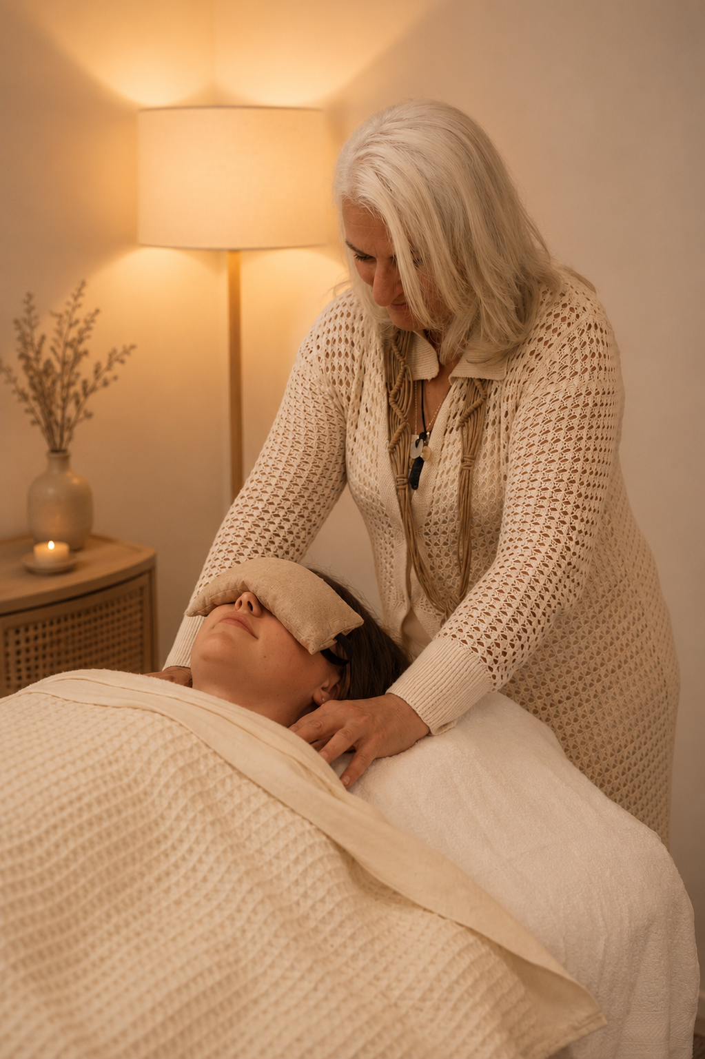 A woman receiving a massage or healing treatment from a practitioner in a cozy, softly lit room. The woman lies face up with her eyes covered, while the practitioner gently supports her head, both smiling softly.