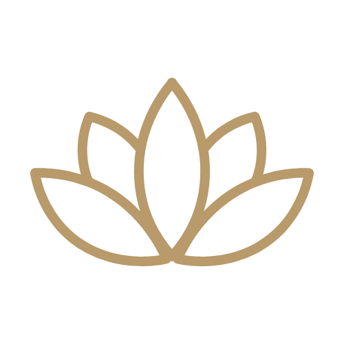 A minimalist line drawing of a lotus flower in beige color on a black background.