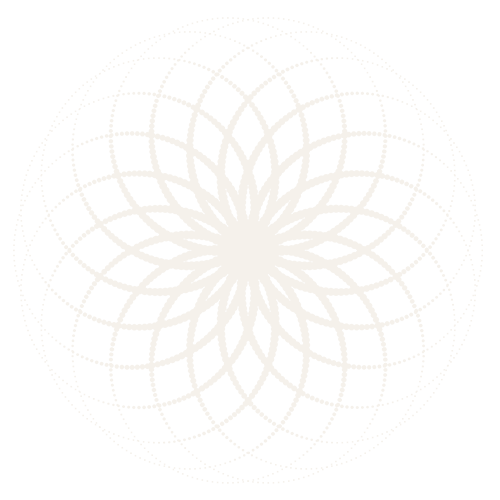 A geometric pattern resembling a complex, symmetrical, white wireframe spherical design on a black background.