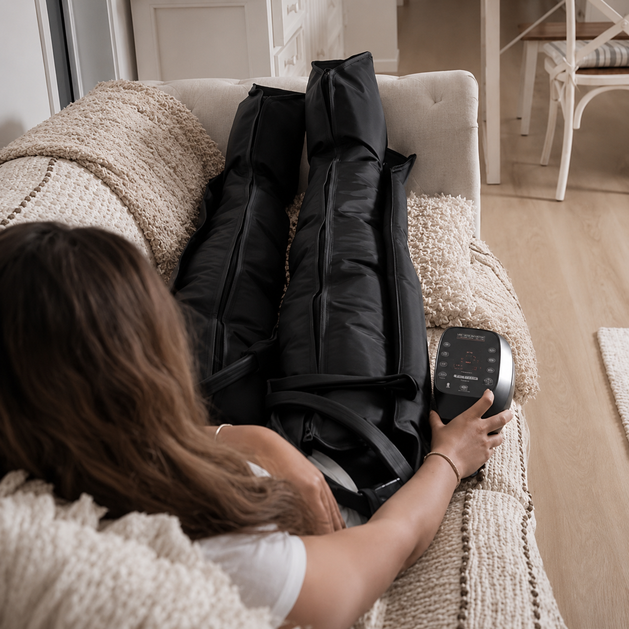 A woman lying on a beige couch, wearing a compression therapy device.