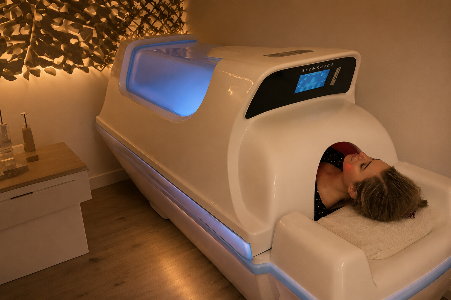woman lying inside the infrared sauna pod at Soulibrium Wellness Centre in Wollongong