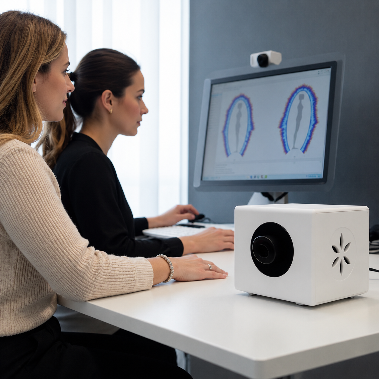 Two women reviewing Bio-Well energy scan results on a monitor during a Soulibrium consultation session with the scanning device on the desk