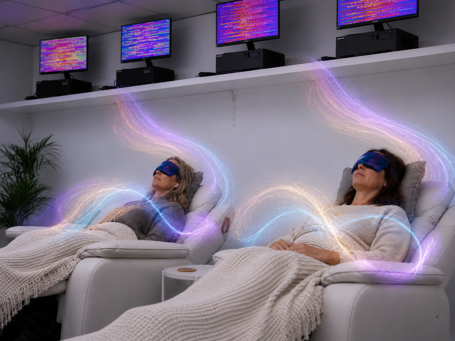 Two women reclining side by side with eye masks during a Soulibrium Scalar Room dual session with purple and blue energy wave overlays