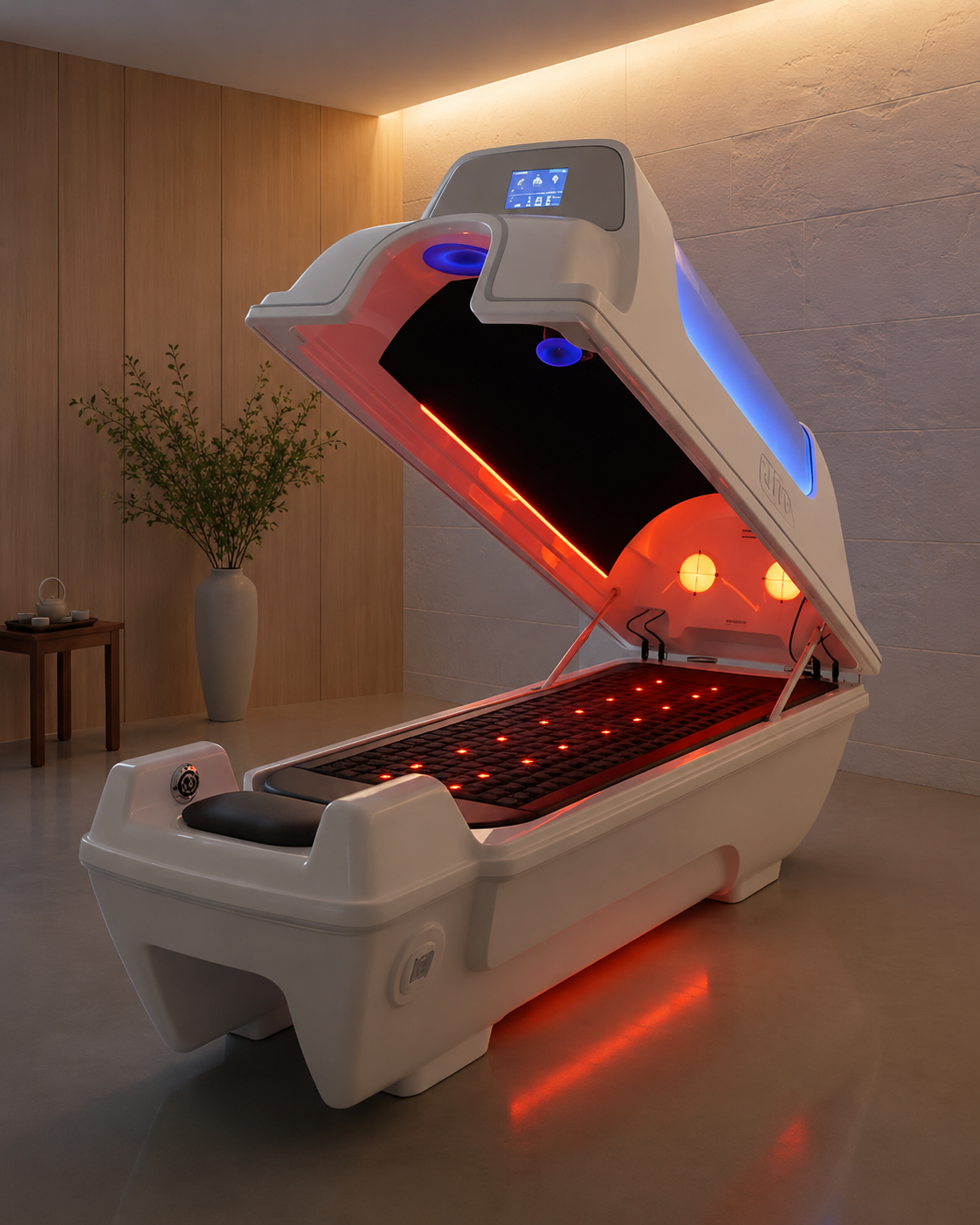 A modern red light therapy bed with a digital touchscreen controller, located in a room with wooden panel walls and a potted plant.