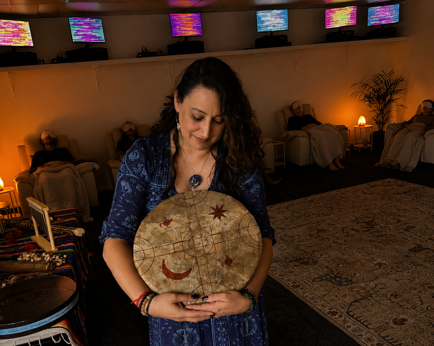 A woman holding a round shamanic drum in a sound healing session in a dimly lit room where four people are seated on recliners with eye masks, surrounded by warm lighting, modern decor, and multiple screens on the wall.