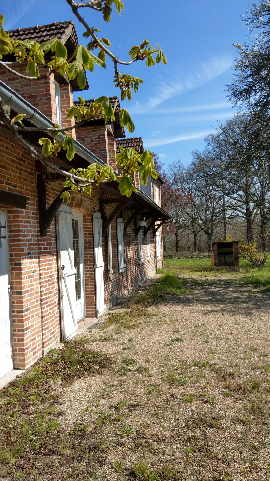 Maison en briques rouges avec des volets blancs, sous un ciel bleu, entourée d'arbres et d'une petite cour avec un chemin de terre.